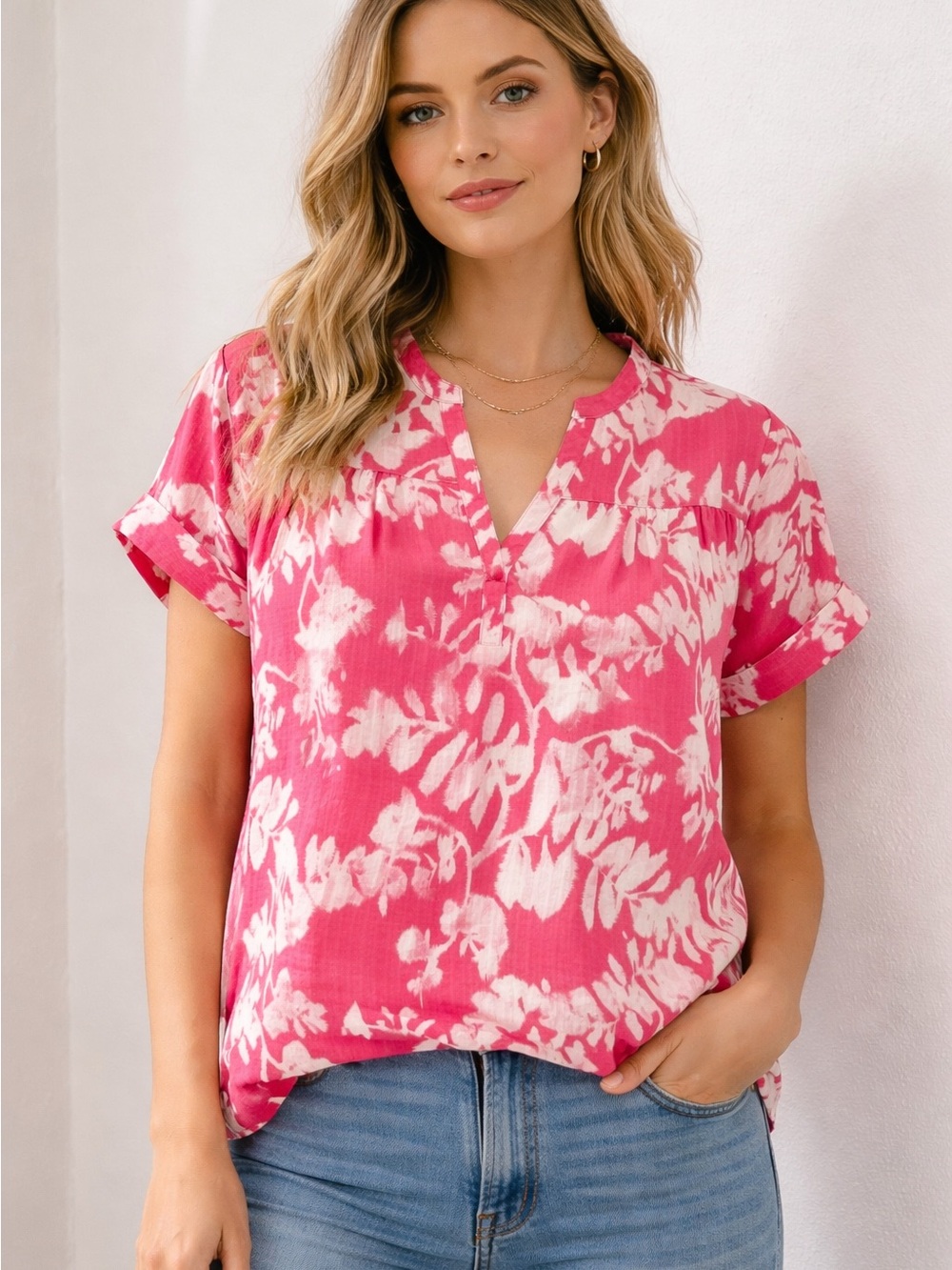 Floral Split-Neck Short Sleeve Top in Pink
